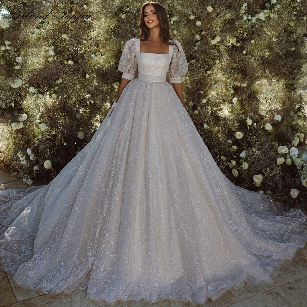 

Lceland Poppy Square Neck Ball Gown Wedding Dresses Half Sleeves Floor Length Beaded Glitter Lace Bridal Gowns with Chapel Train
