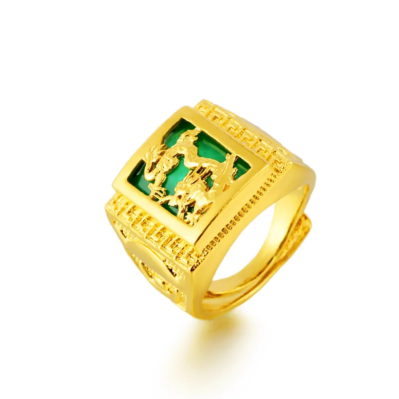 AU999 24K Gold Men's Dragon Zodiac Ring - Polished Dragon + Matte Zodiac Contrast, Chiseled Clouds-Flames, Negotiation Aura Full