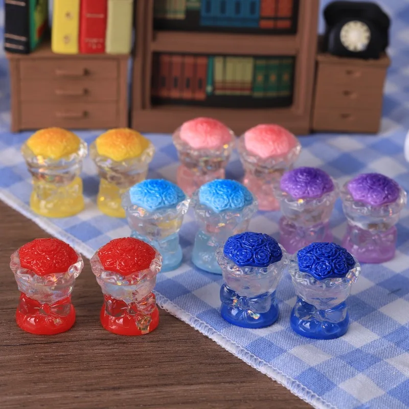 2pcs Mini Rose Bouquet Colorful 3D Flower Bunch Model Dollhouse Miniature Scene DIY Pendant Resin Craft Material Desktop Decor
