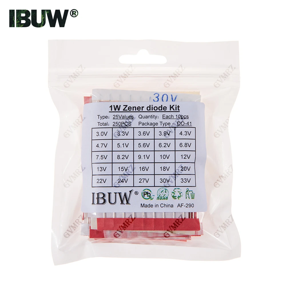250PCS 25Werte 1W Zener Diode Kit 3,0V-33V DO-41 für Spannungsregelung elektronische Projekte