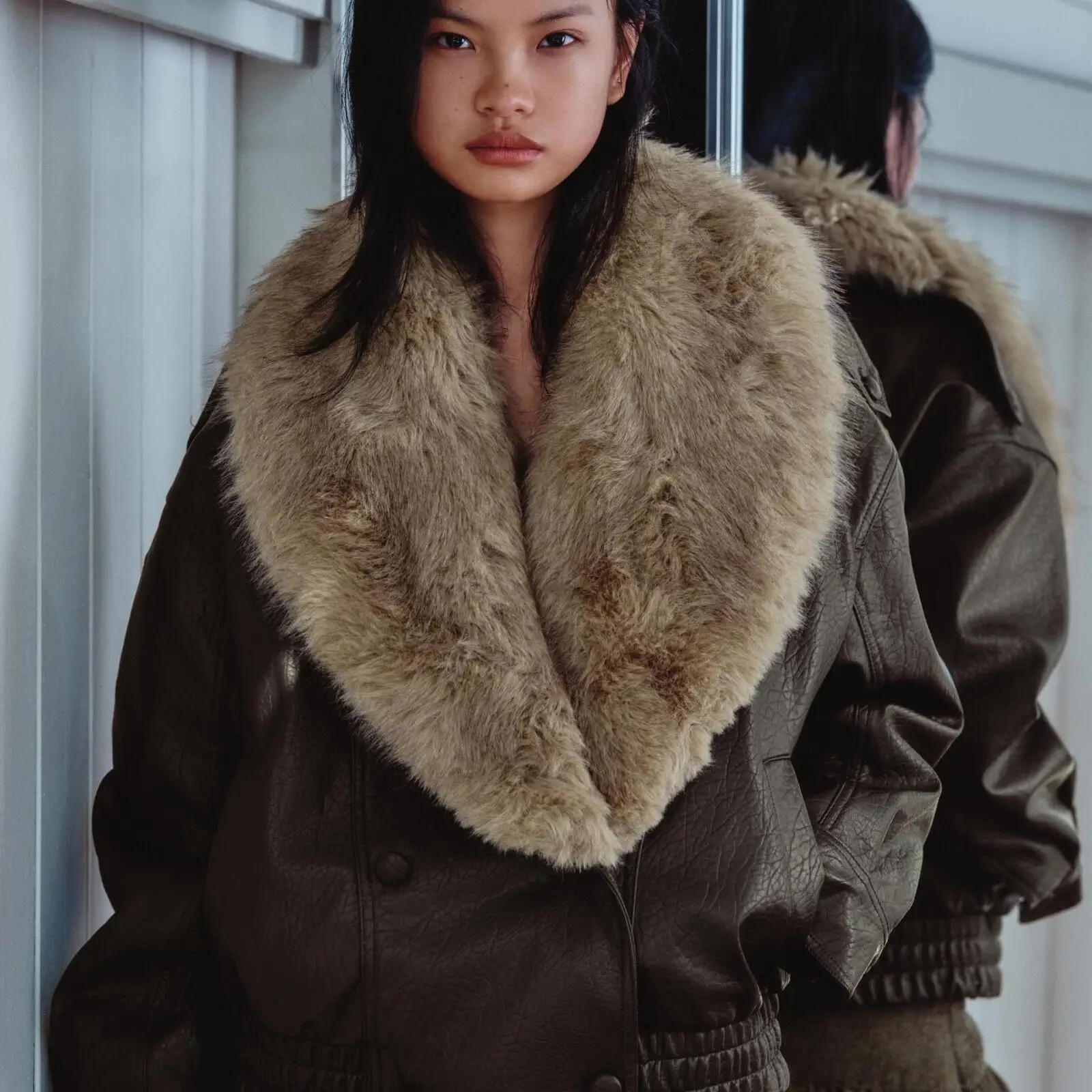 معطف Jaet نسائي من Faionable ZR Sle بياقة قابلة للفصل من الجلد الصناعي ملابس خارجية مع حامل دافئ مناسب طويل Sve #2