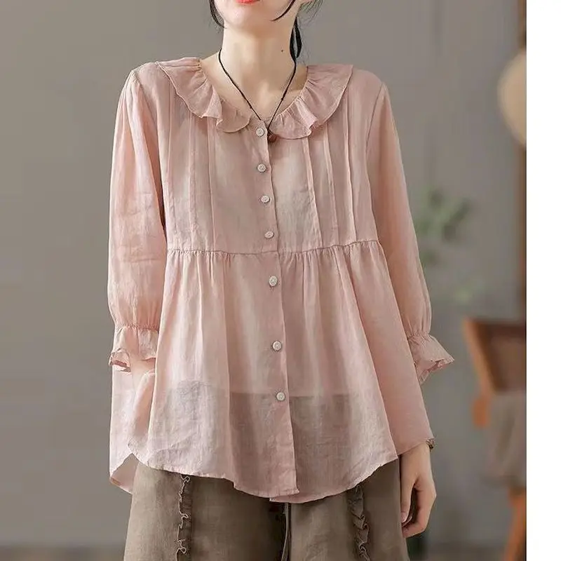 Cotton Linen Shirts Women Fashion Design Doll Shirt Casual Simple Slim Blouses Summer Trend Half Sleeve Thin Shirt Korean Tops