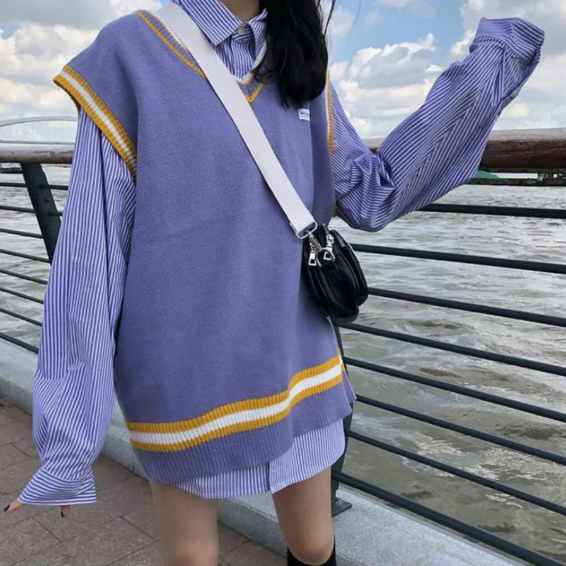 2 Piece Sets Women College Style Chic Loose Spring Fall Holiday Girls Outfits Harajuku Sleeveless Knitwear Basic Tops Popular