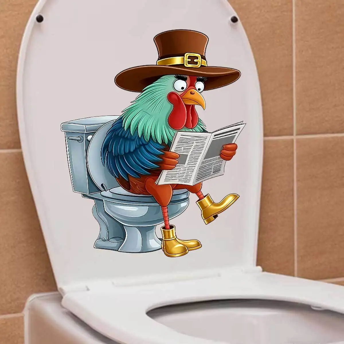 Fun Rooster Playing Phone Toilet Lid Decal - Non-drying Glue Reusable Toilet Wall Stickers Fridge Stickers