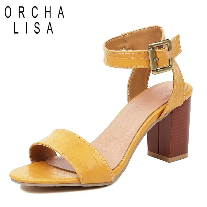 

ORCHA LISA Комфортные классические женские сандалии с открытым носком на массивном высоком каблуке 7,5 см с пряжкой и ремешком, большой размер 44 45, повседневная обувь желтого цвета