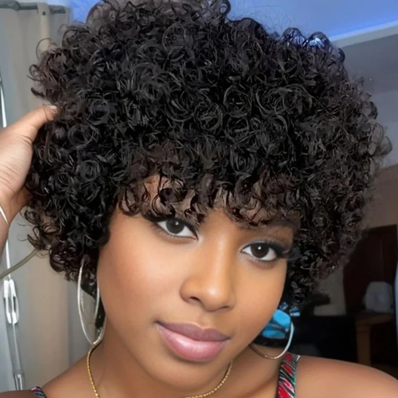 

Black Short Curly Pixie Cut Synthetic Wig with Bangs, Glueless & Ready-to-Wear for Any Occasion
