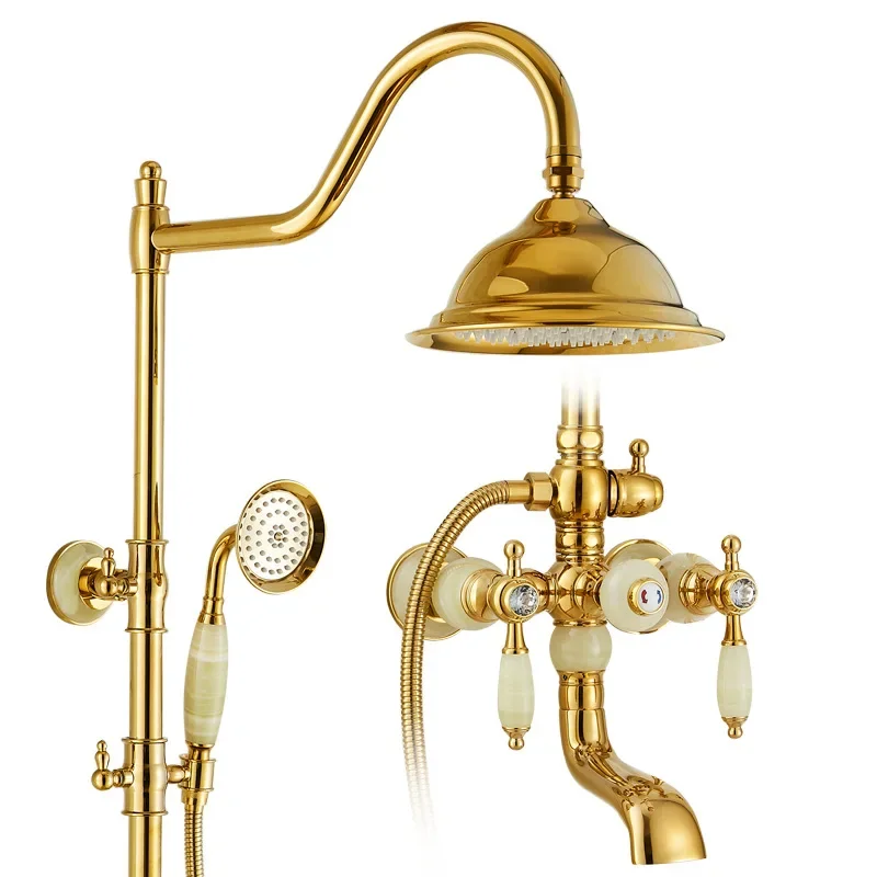 

European shower shower set, golden jade marble shower antique faucet, all-copper mixing valve retro 11