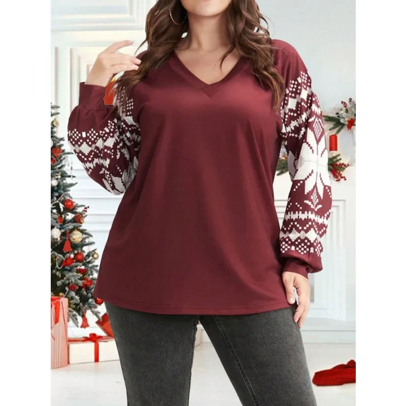 

Плюс размер 1XL-5XL, женская повседневная осенняя футболка с рождественским принтом и v-образным вырезом, женская модная футболка с открытыми плечами и длинными рукавами, топ
