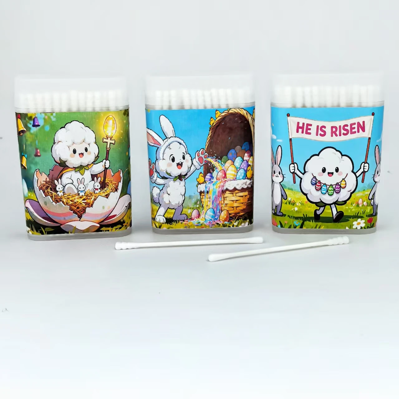 300 pieces of Easter-themed cotton swabs, Easter element double-headed fine-axis screw round cotton swabs