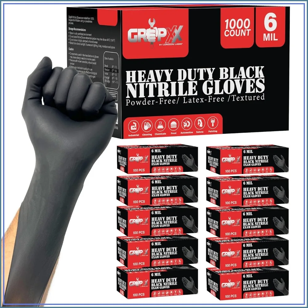 

6 Mil Black Nitrile Gloves Disposable, Latex & Powder Free, Heavy Duty, Bulk 1000