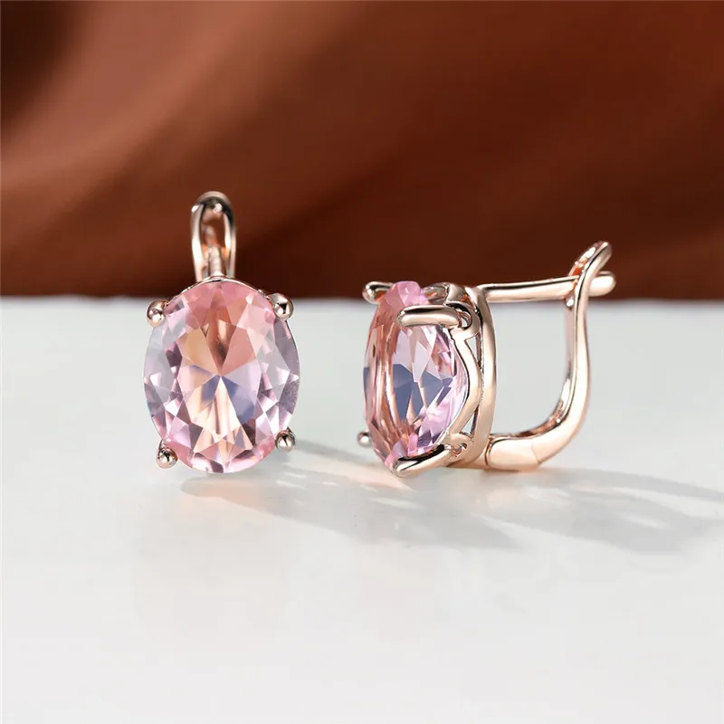 Rainbow Crystal Oval Stone Earrings Rose Gold Color Wedding Multicolor Zircon Hoop Fashion Jewelry For Women