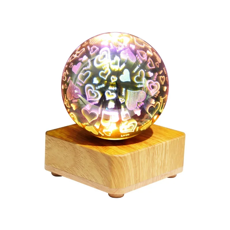 Bola de vidro de cristal mágica global luz noturna LED fogos de artifício luz estrela 3D com base de madeira lâmpada decorativa