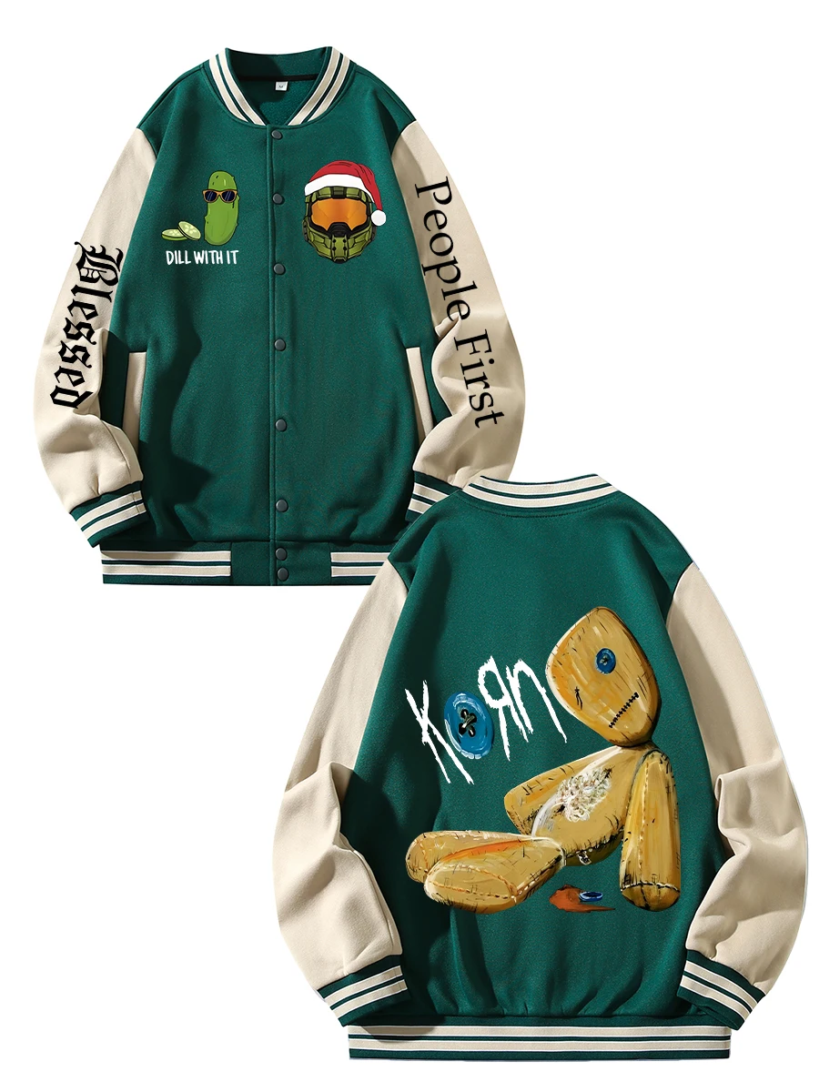 

Black Blue Green Double-sided Christmas Print XS-XXL Unisex Baseball Jacket Streetwear Coat Warm Fleece Soft Jacket