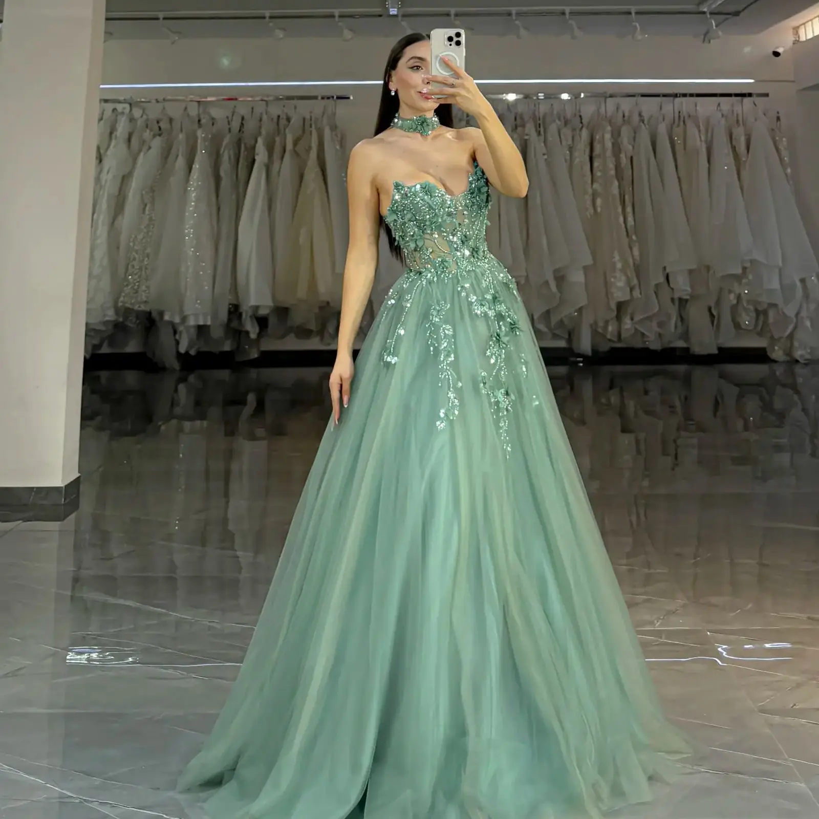 

Princess Tulle Evening Dresses Green Lace Appliques Prom Gowns for Women Party Sequines Beading Cocktail Dresses Customized
