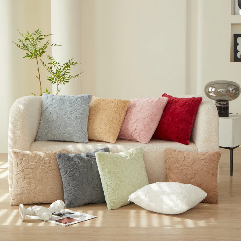Spring Leaves 3D Jacquard Soft Velvet Pillow Cover 18x18 Inch 1 Pc Cushion Washable Invisible Zipper Shrink Resistant For Sofa