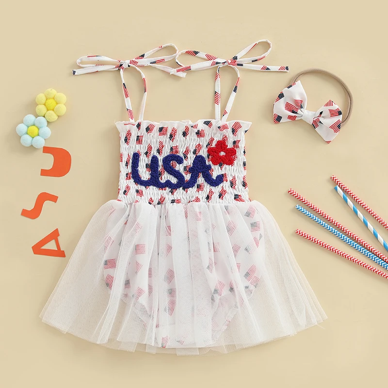 الرضع طفلة 4th من يوليو الزي العلم الأمريكي التعادل الكتف Smocked رومبير فستان القوس عقال طفل 2 قطعة الصيف مجموعة