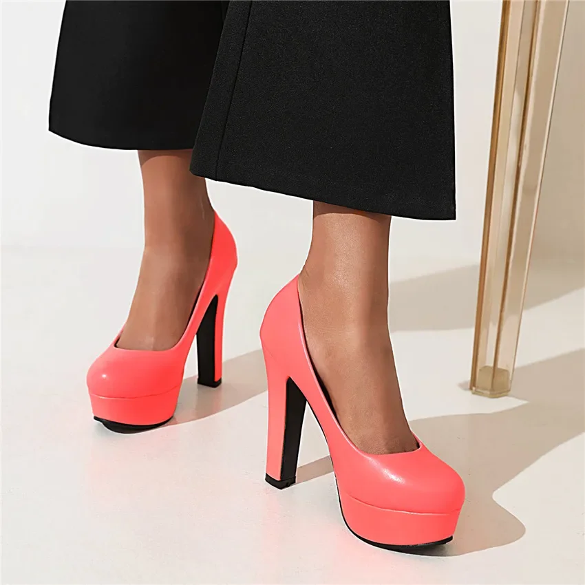 Elegant Women High Chunky Heels Platform Pumps White Black Pink Green Round Toe Party Office Wedding Ladies Slip-on Dress Shoes