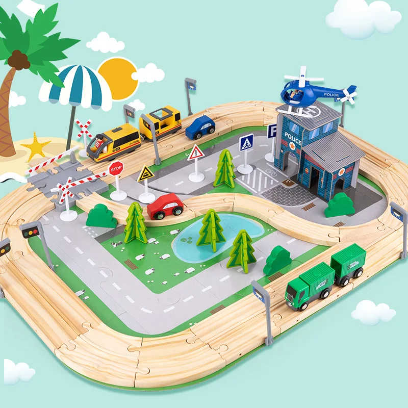108 sztuk drewniane zabawki dla dzieci Puzzle Diy zmontowane autostrada zestaw torów kolejowych klocki konstruktor gry planszowe Montessori