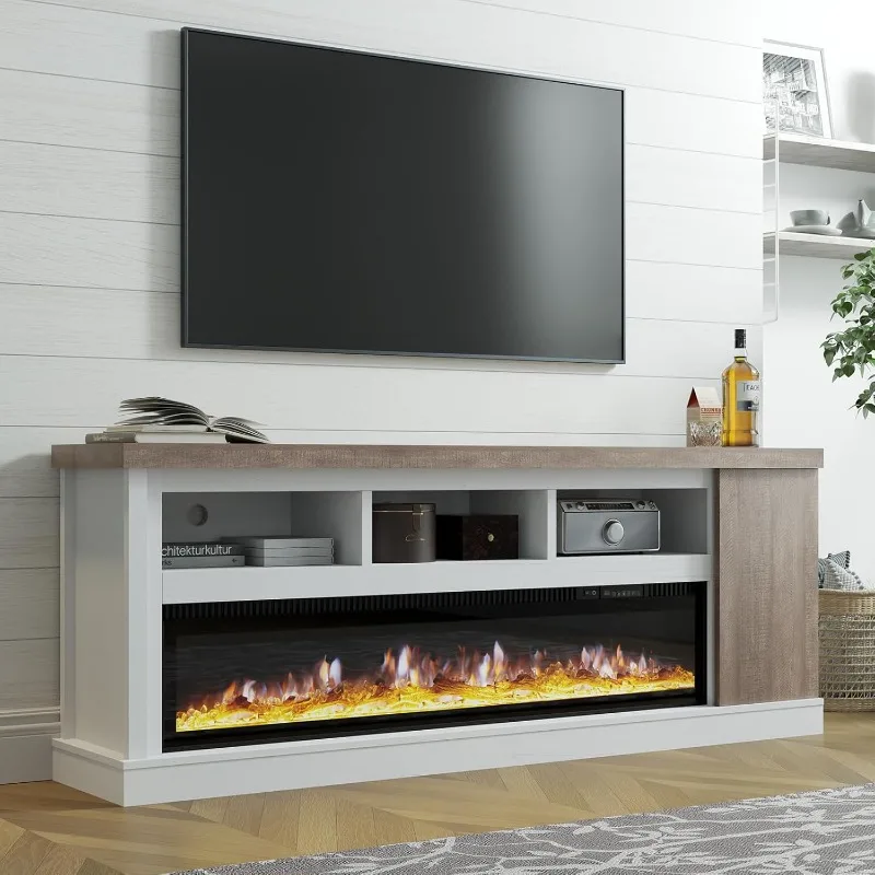 75” Fireplace TV stand with 60” Electric Fireplace, Chunky Entertainment Center with Wood Grain, Color Clash Entertainment Stand