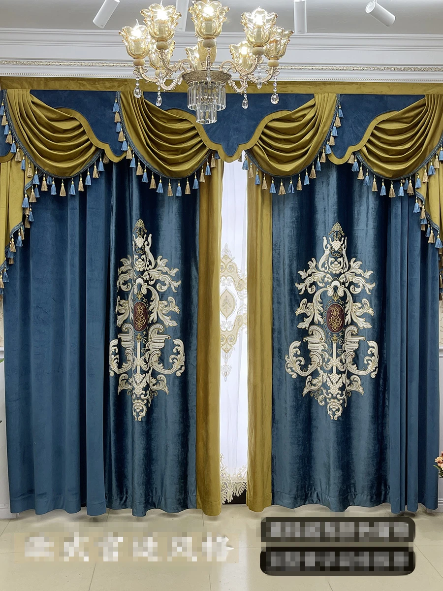 Custom Upscale living room luxury flannelette villa palace bedroom blue velvet cloth valance blackout curtain tulle drape C1944