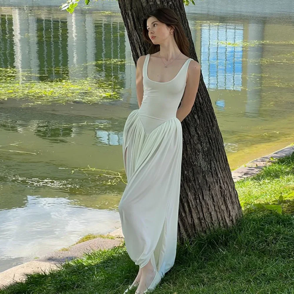 

Women Sleeveless High Waist Split Sling Dresses White Elegant U Neck Irregular Pleated Midi Dress Lady Summer Highstreet Robes