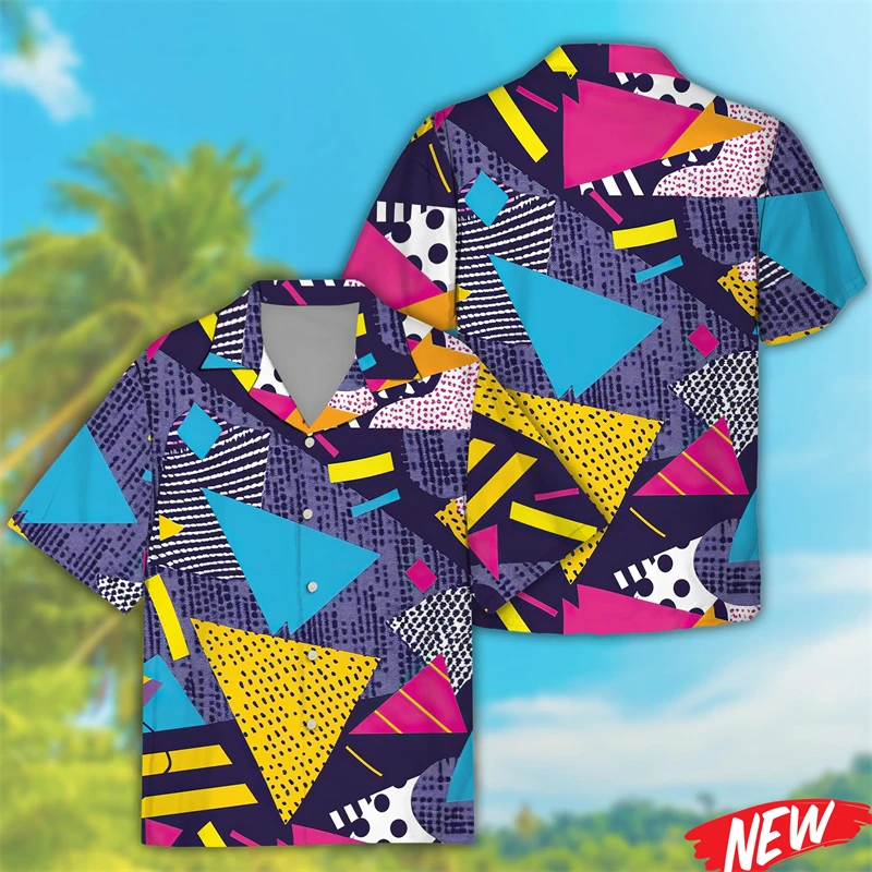 Retro 80s 90s Hawaiian Shirt For Men Funky Neon Geometric Button Aloha Shirts Colorful Vacation Party Short Sleeve Tee Shirts