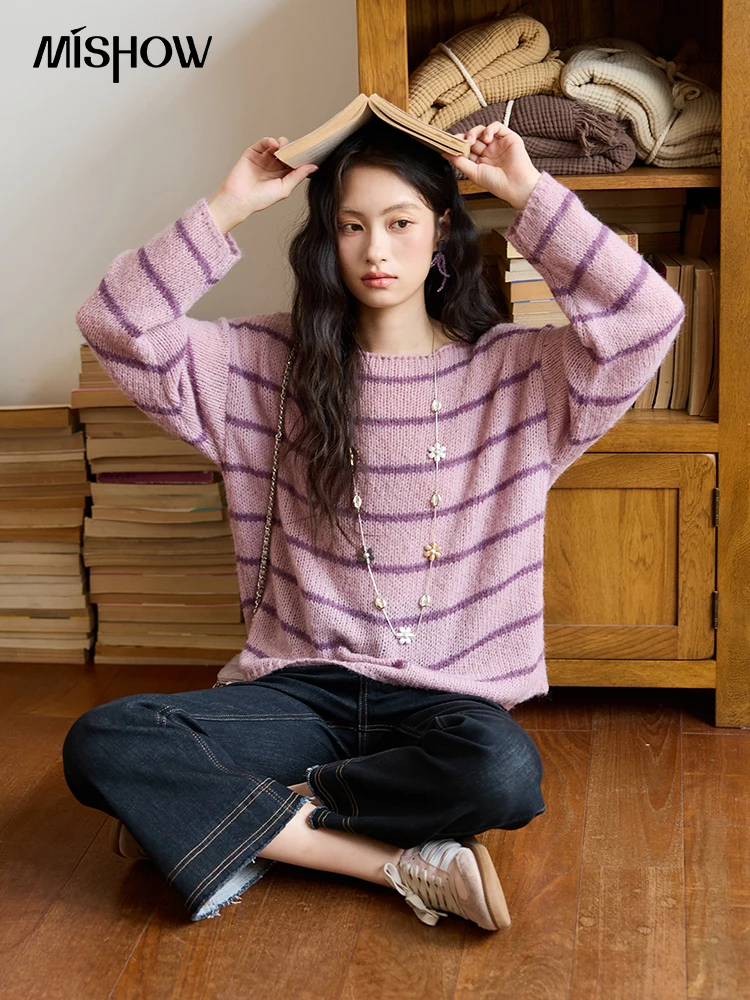 

MISHOW женский шерстяной свитер, осенний розовый, фиолетовый полосатый свободный вязаный топ в ленивом стиле, мягкие свитера с круглым вырезом MXE46Z2542