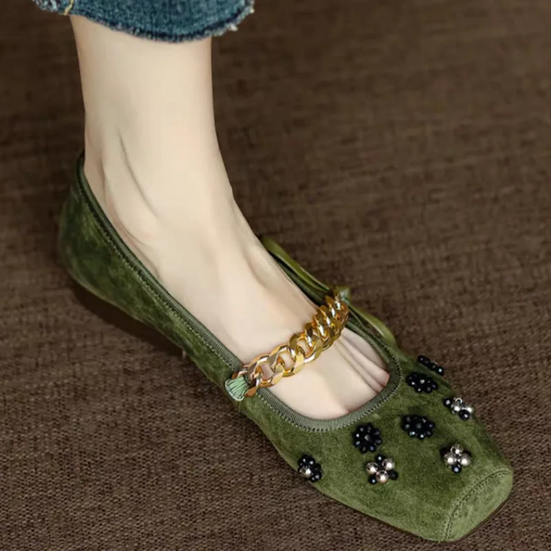 

Элегантные вечерние женские туфли с бантом в стиле ретро и цепочкой на плоской подошве с квадратным носком, брендовый дизайн, новый стиль, легкие износостойкие замшевые туфли с низким берцем