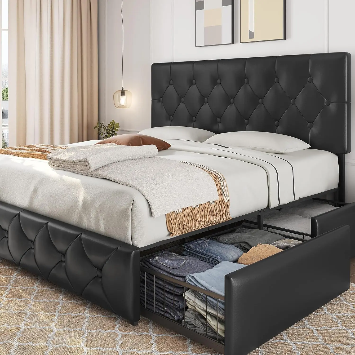 Upholstered Bed Frame with 4 Drawers and Adjustable Headboard, Faux Leather Platform Bed