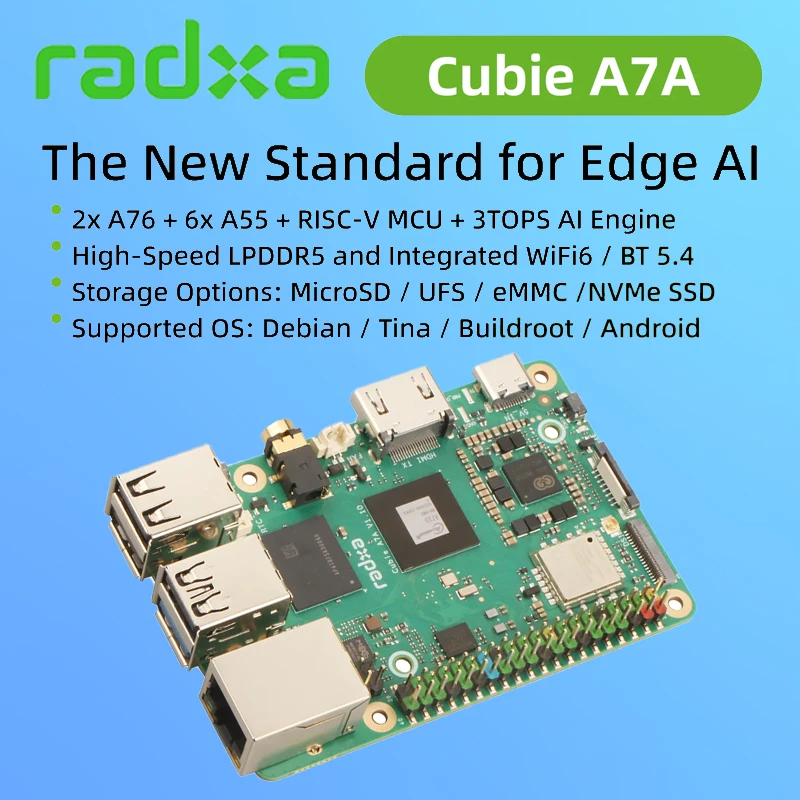 

Radxa Cubie A7A, 3TOPS AI Acceleration RISC-V, 8-ядерный SOC Allwinner, новый стандарт для Edge Al, LPDDR5, одноплатный компьютер