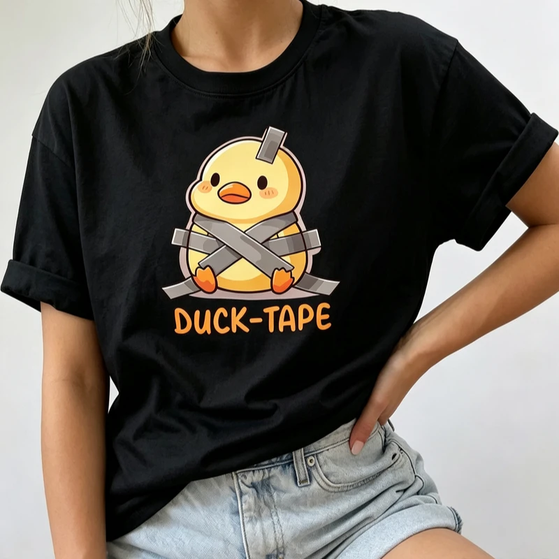Funny Duck-Tape Pun T Shirt Cute Sticky Tape Duck Cartoon Graphic Tee Casual Short Sleeve Cotton Tops for Men Women