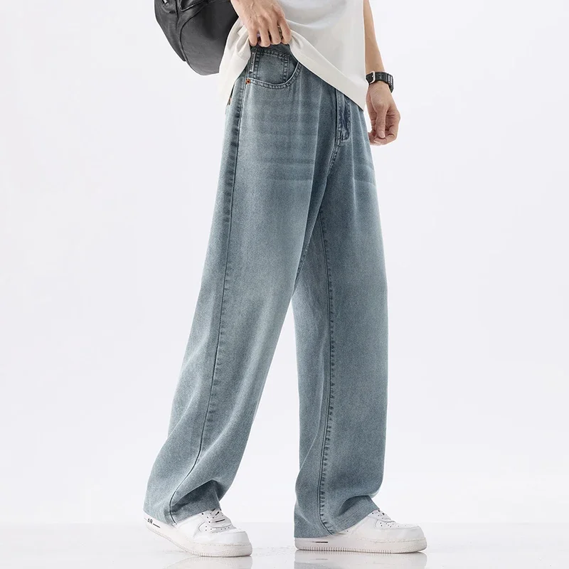 جديد المضادة للتجاعيد لينة ليسلر الجينز الرجال رقيقة فضفاضة مستقيم موضة الكورية مريحة واسعة السراويل الدنيم السراويل الرجال الشارع الشهير