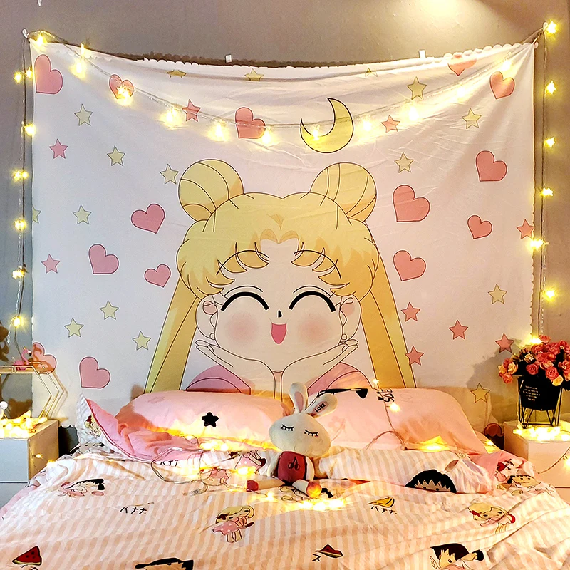 Macrameanimetapestry cute sailor moon room decor college dormitory decoration kawaii fairy wash hanging tapestry pink tapestries