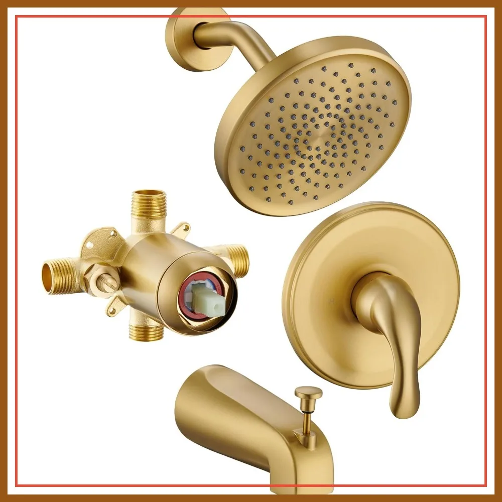 

Brushed Gold Shower Tub Faucet Set with 6 Inch Rain Shower Head and Tub Spout, High-Pressure Trim Kit