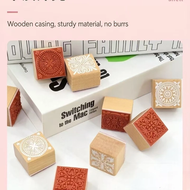Korean Kawai Stationery Classic Wooden Retro Square Lace Seal 2 Series Set Seals Office School Supplies Teacher Lovely Gift