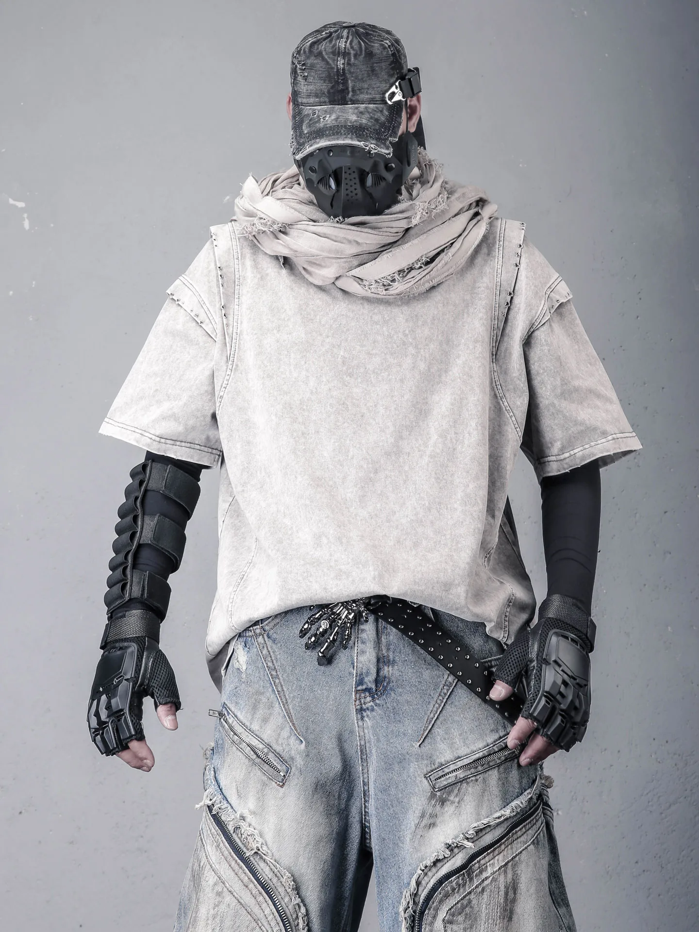 Washed Vintage Short Sleeve T-Shirt Metal Buckle Decomposition Street Style Desert Themed Casual Loose Fit Men's Top