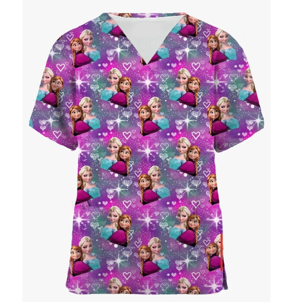 Disney Princess Summer Nurse Uniform Matte Top Women's Printed Nurse Uniform Short sleeved V-neck Top Work Shirt