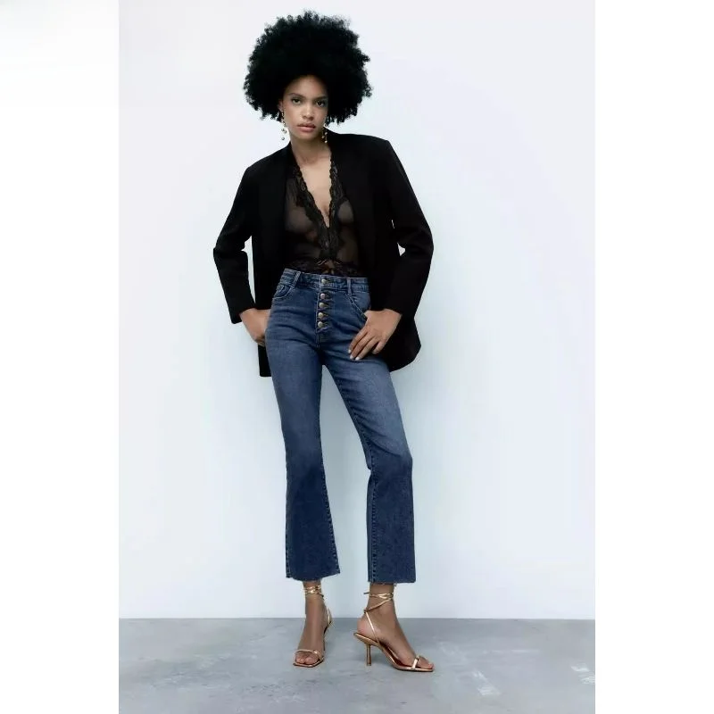 

High Waist Slim Fit Bell Bot Jeans Women's Faion Autumn New Sle Button Decorated Long Straight Cut k Wa Denim