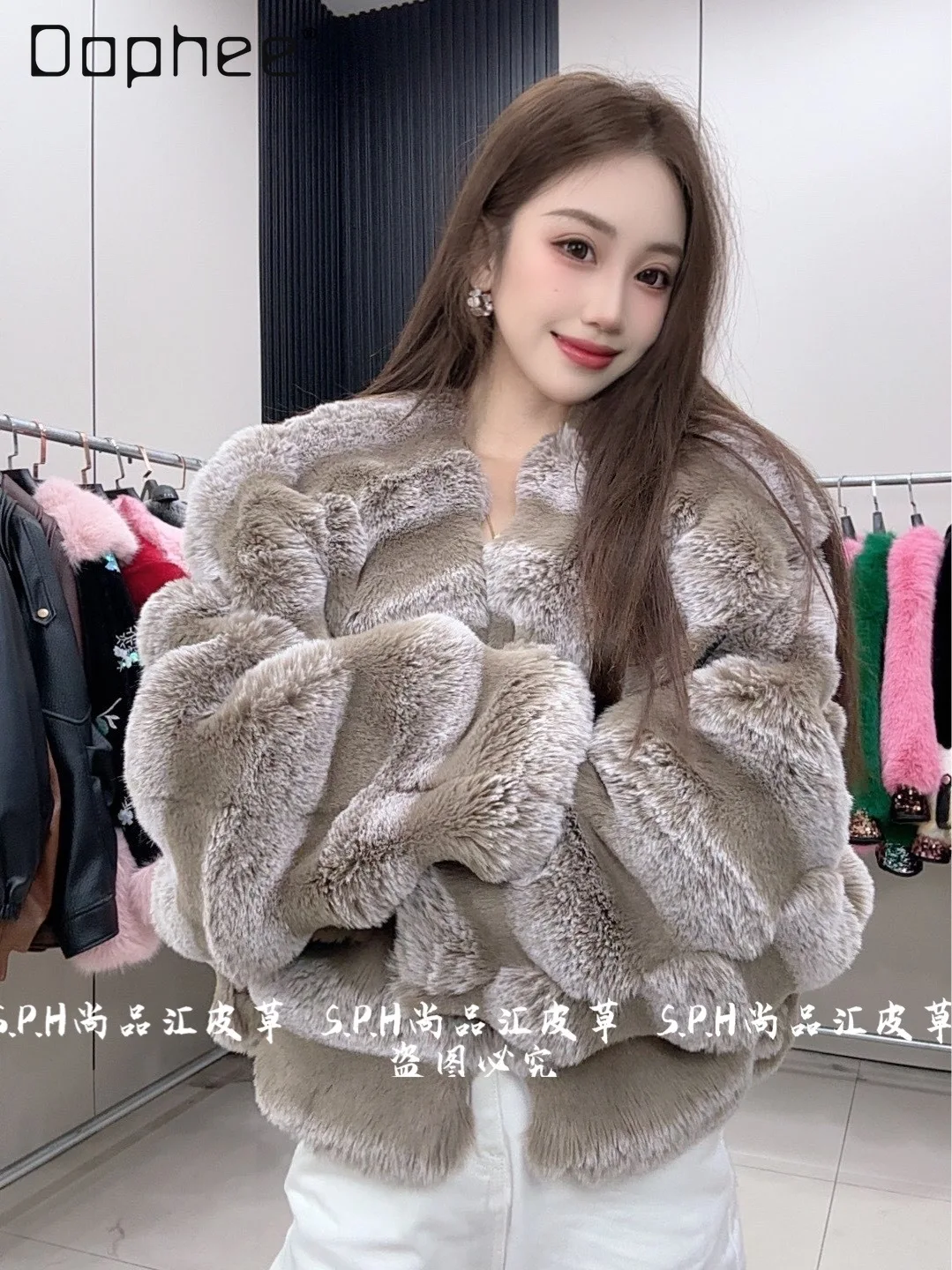 Trendy Patchwork Color Striped Large Lapel Short Plush Eco-Friendly Fur Coat High-End Fashion Loose Slimming Short Fur Coats