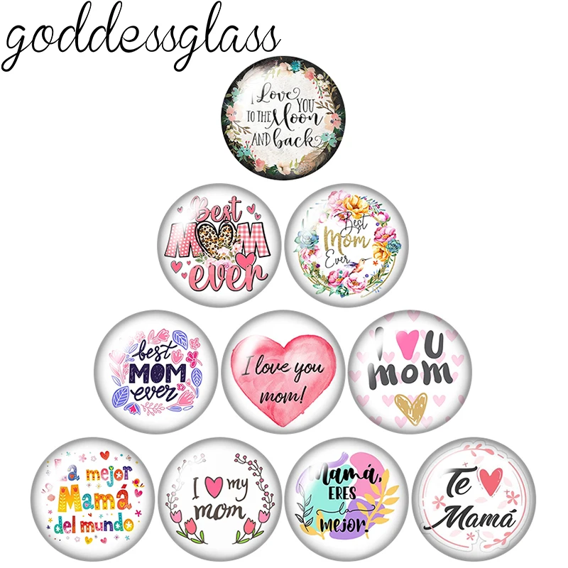 Round Photo Glass Cabochon, Flat Back, Making Findings, Misturar, Amor, Mãe, Melhor, Mãe, Novo, Dia das Mães Presente, 10Pcs, 12mm, 18mm, 20mm, 25 milímetros