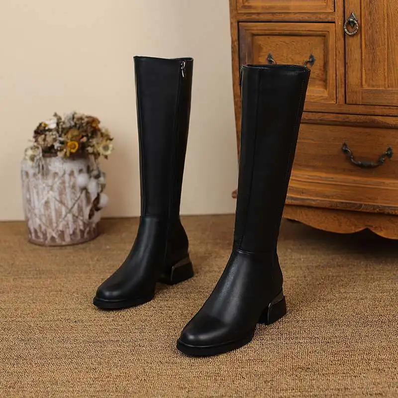 Krazing Pot 2024 Big Size 44 45 Cow Leather Round Toe Med Heel Knee-high Boots Zipper Office Lady Dress Riding Thigh High Boots