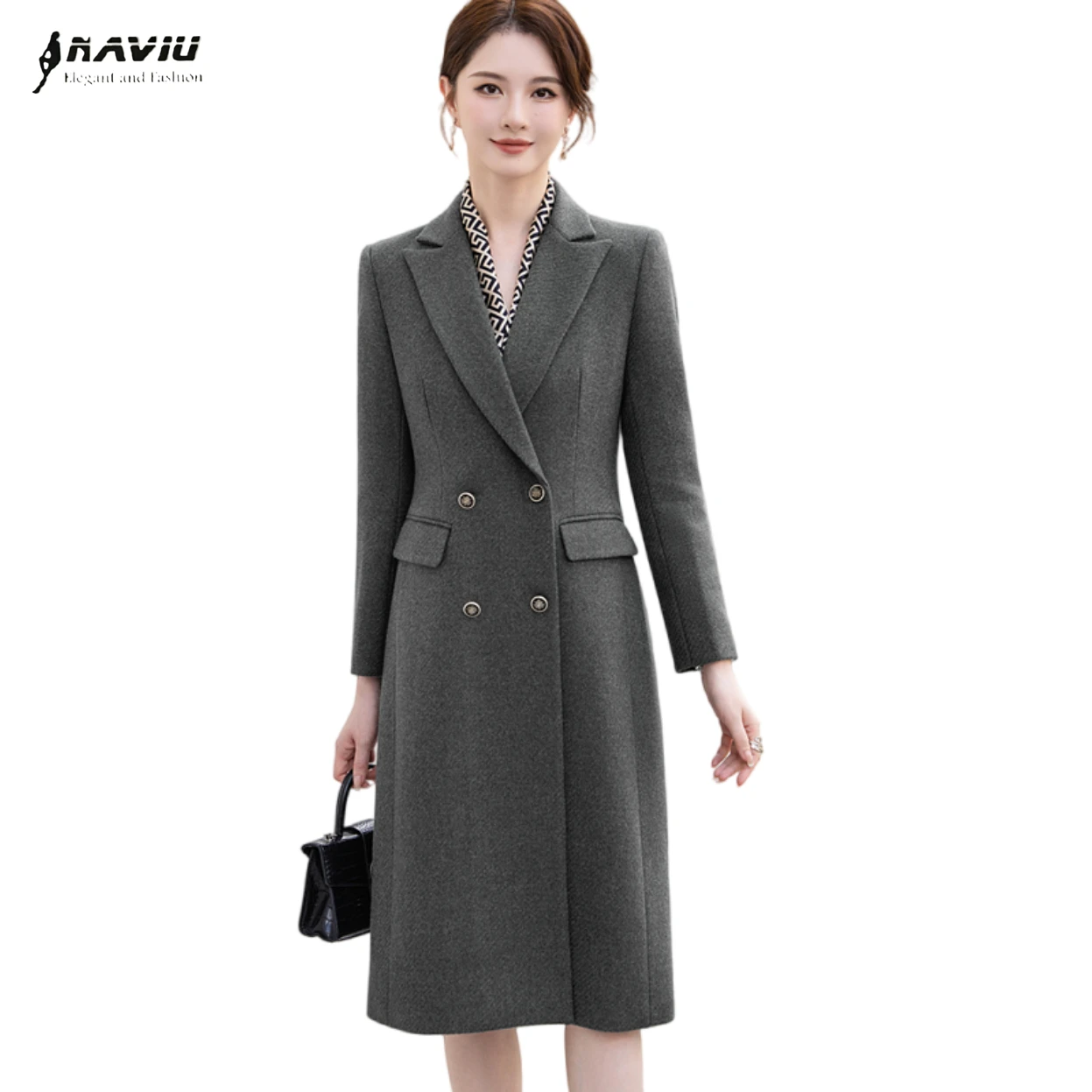 

NAVIU осень-зима модное элегантное женское пальто 2025 новый серый утепленный двубортный офисный женский плащ высокого качества