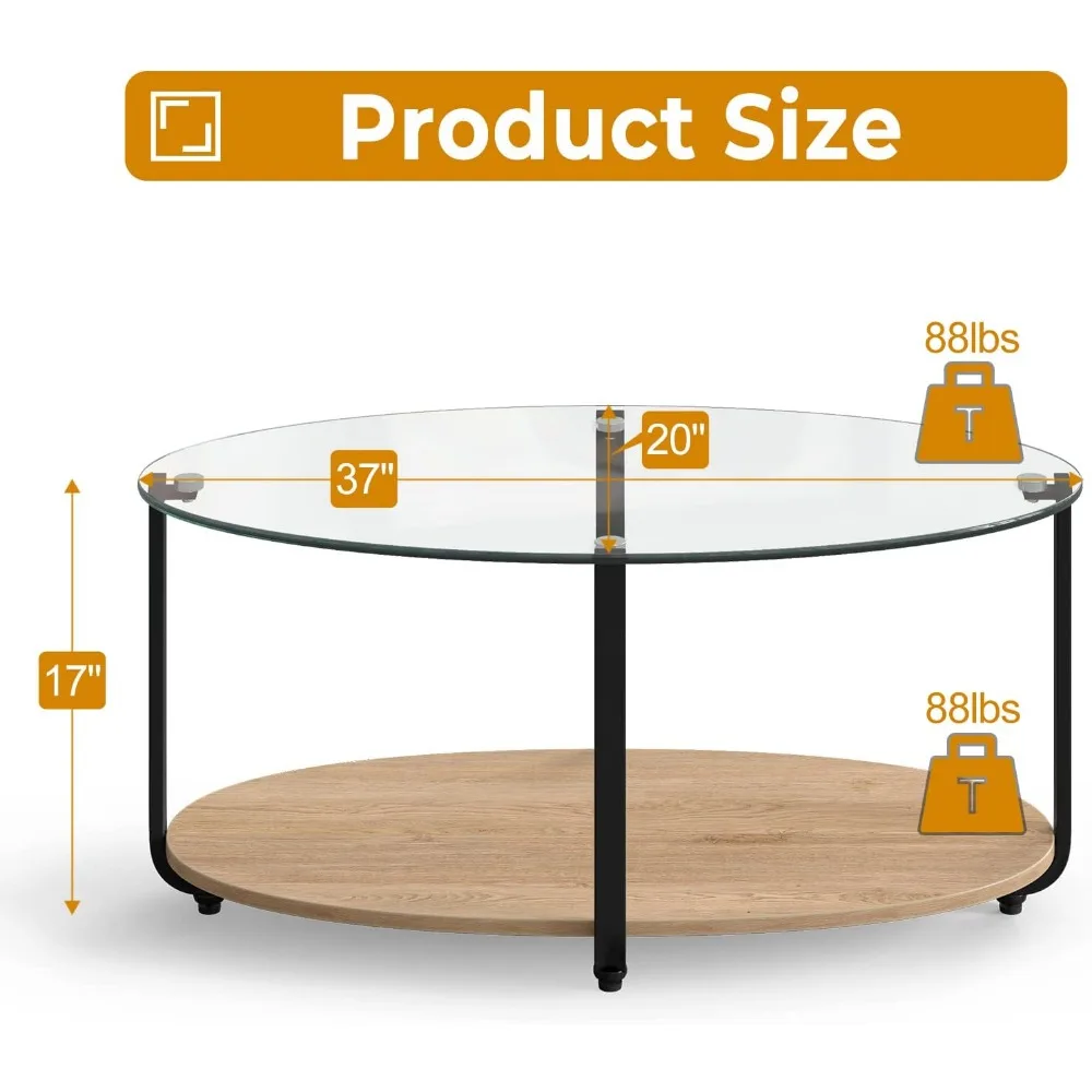 Glass Coffee Table, 2 Tier Oval Tea Table with Tempered Glass Tabletop and Wooden Shelf, Modern Glass Sofa Center Table