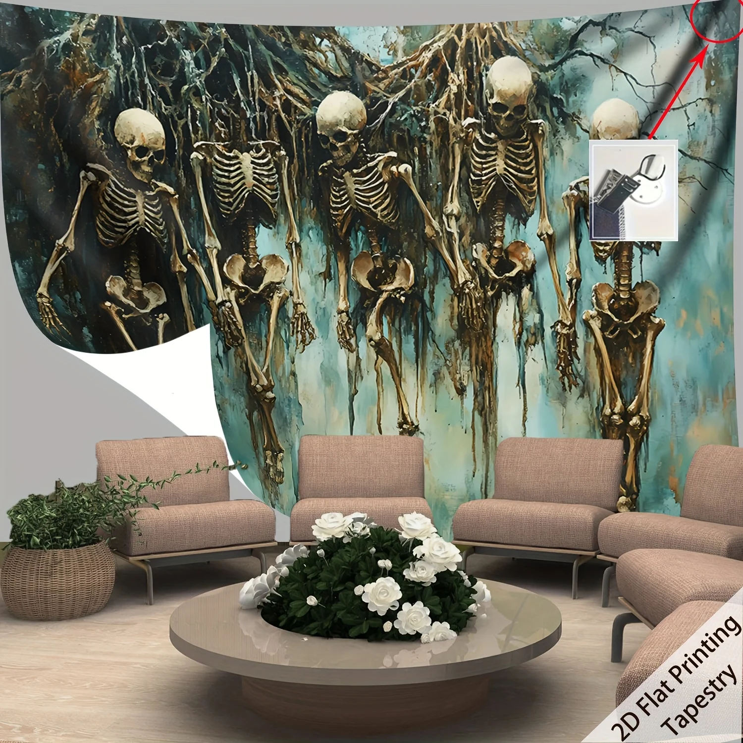 VIKAMA Halloween Gothic Wall Tapestry Skeleton Withered Tree Roots Hanging Cloth Green Retro Brush Oil Painting Terror Carpet Pa