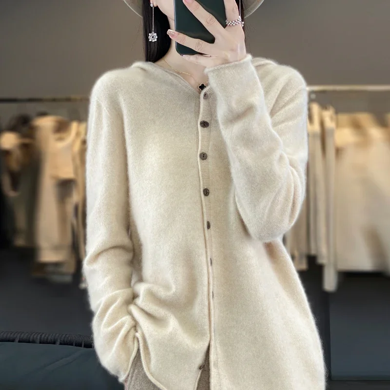 

Wool Cardigan Sweater Women Hooded Long Sleeve Top Korean Style New Knitted Jackets Knitwear Loose Autumn Winter Clothing U360