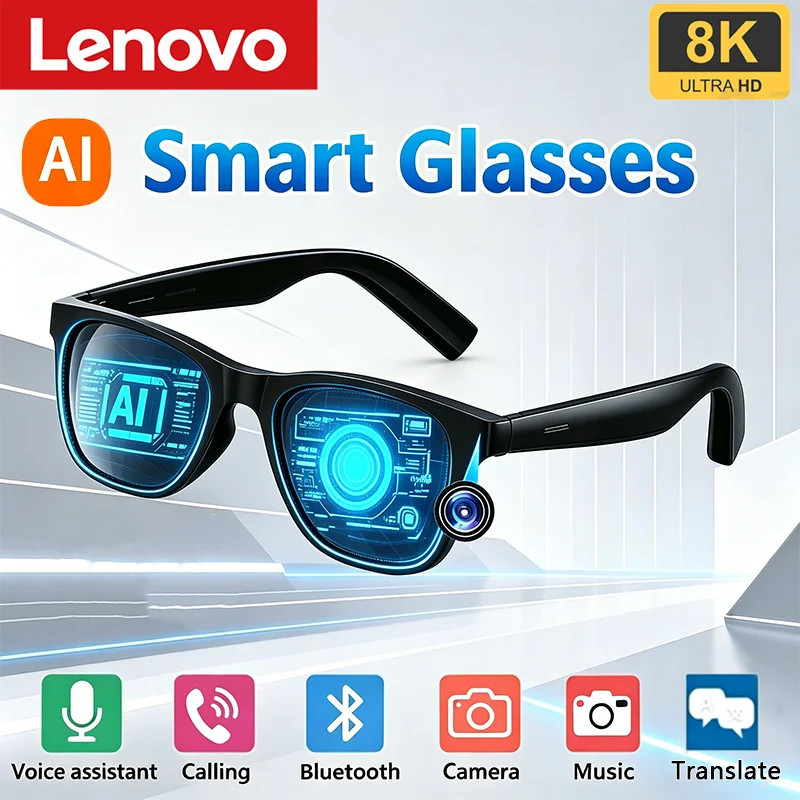 Lunettes intelligentes tactiles avec télécommande IA Lenovo, caméra photo HD 8K, enregistreur, traducteur, assistant vocal, musique, lunettes de soleil Bluetooth