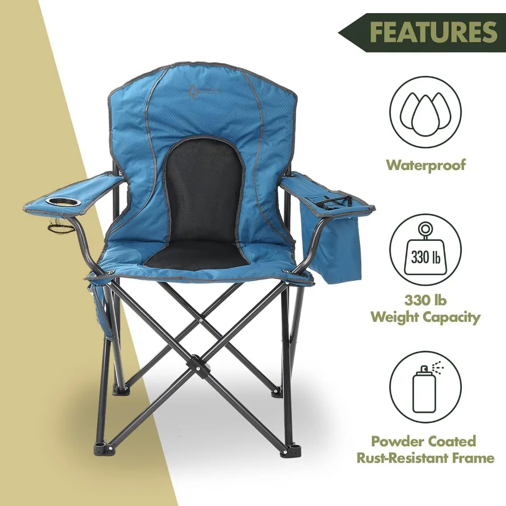 Chaise de camping pliante portable avec refroidisseur à 4 canettes, porte-gobelet et sac de transport robuste pour un transport facile