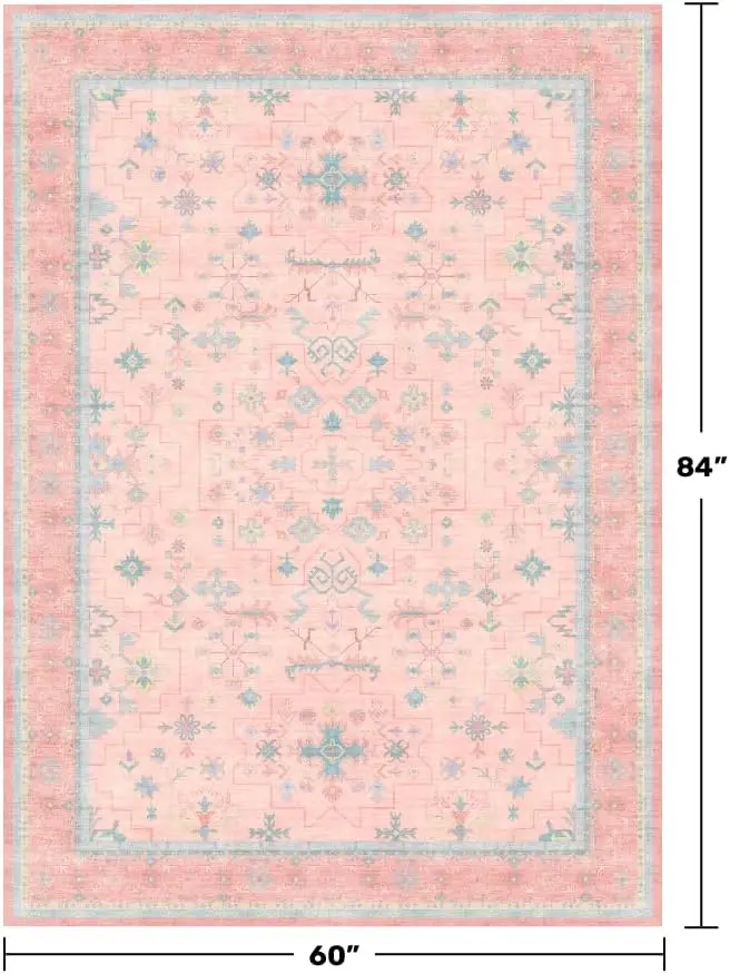Pink Rugs for Bedroom Girls,Washable Area Rug for Living Room Nursery Kids Baby Playroom Indoor Decor, Oushak Floral Vintage