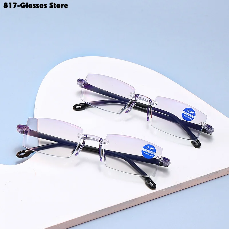 Square Myopia Glasses Women Men Fashionable Frameless Edge Cut Finished Products Prescription Eyeglasses 0 To -6.0