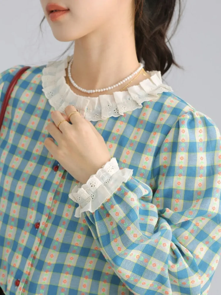 Vintage Blau Plaid Laterne Hülse Shirts Frauen 2025, Herbst Gespleißt Spitze Rundhals Button Up Tops Mode Süße Bluse